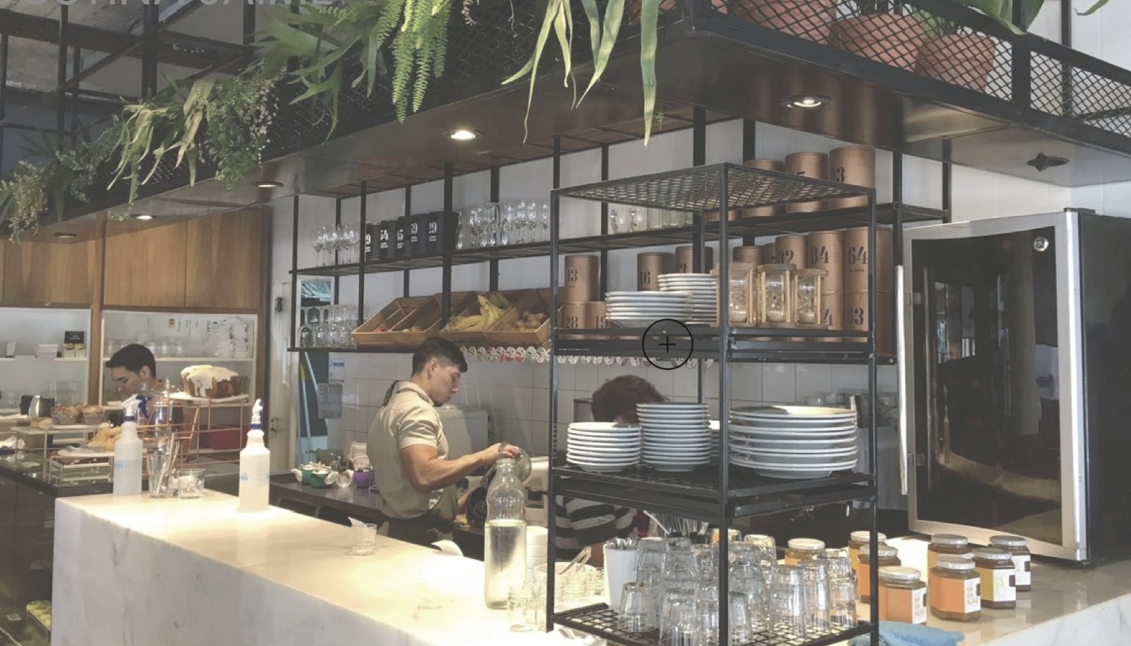 Tea Connection interior bar area, marble counter, custom shelving, branded tins